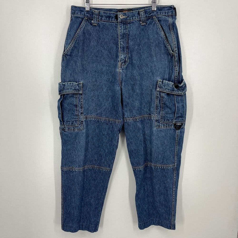 Route 66 Mens‎ Cargo Jeans Blue Medium Wash Double Knee Utility Denim 36x32